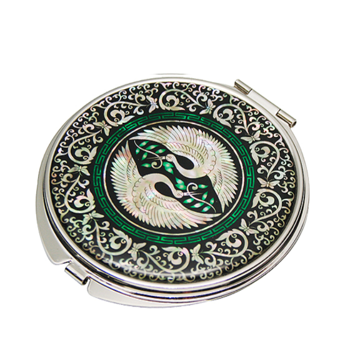 天然貝 コンパクトミラー（鶴）シェル・螺鈿 韓国 ミラー 鏡