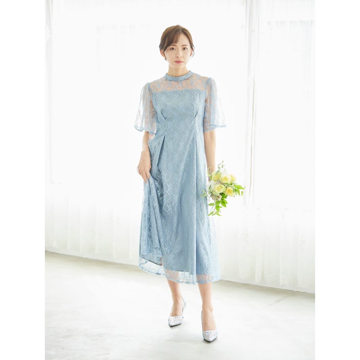 レンタル] BELINDA DE CAPRIS 総レースフレア袖 ハイネック ワンピース