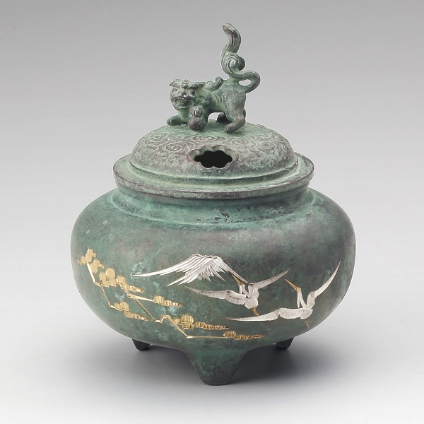 A561 【本間琢斎作】三ツ脚香炉 斑紫銅 獅子摘 香道具 重量588g A561