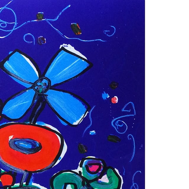 ポール・アイズピリ「青い背景の赤いバラ」リトグラフ 直筆サイン入り