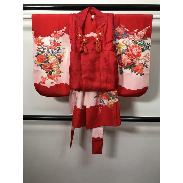 中古 七五三 正絹 3歳女児用 祝い着 着物 長襦袢 お被布 3点セット