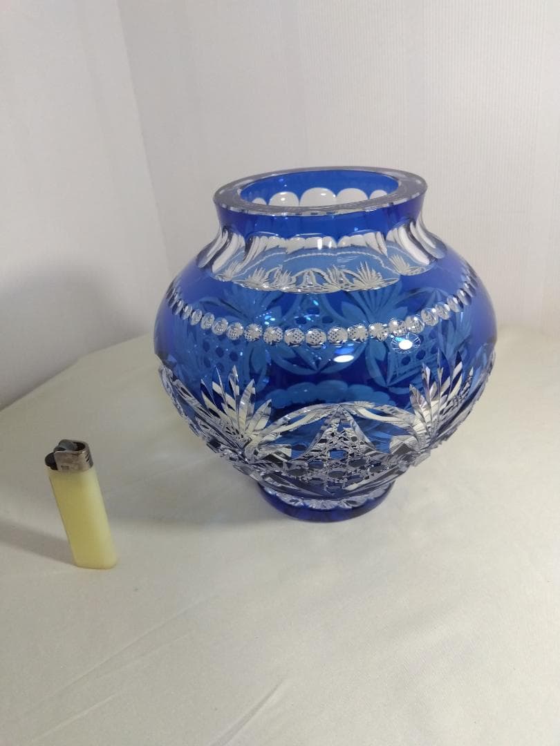 カガミクリスタル　江戸切子　花瓶　青　木村秋男 未使用 美品 カガミクリスタル 江戸切子 花瓶 笹葉麻葉紋 伝統工芸士