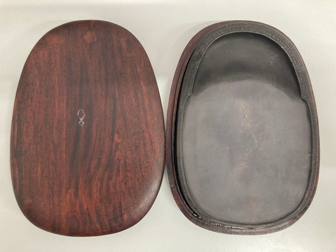 硯　骨董品　木製ケース付き よしだ書道具店 | 花陶硯 プチ硯セット 馬革ケース入り（表絵柄）