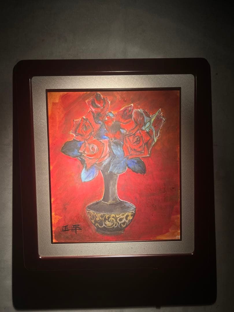 他の方発送×【薔薇】　肉質画 絵画 油絵 ばら（ピンクのバラ） （岡島哲夫） 【肉筆】【油絵】【花