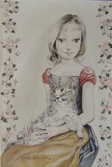 藤田 嗣治、「猫を抱く少女」希少、オーダーマット付額装・画集画