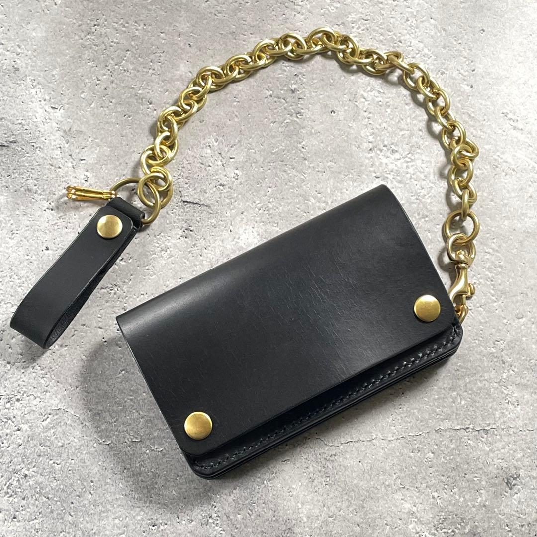 トラッカーウォレット ミドル 真鍮チェーン付 本革 ヌメ革　バイカー　無骨 黒本革×ニッケル トラッカーウォレットチェーン サイズ：ミドル/全長約