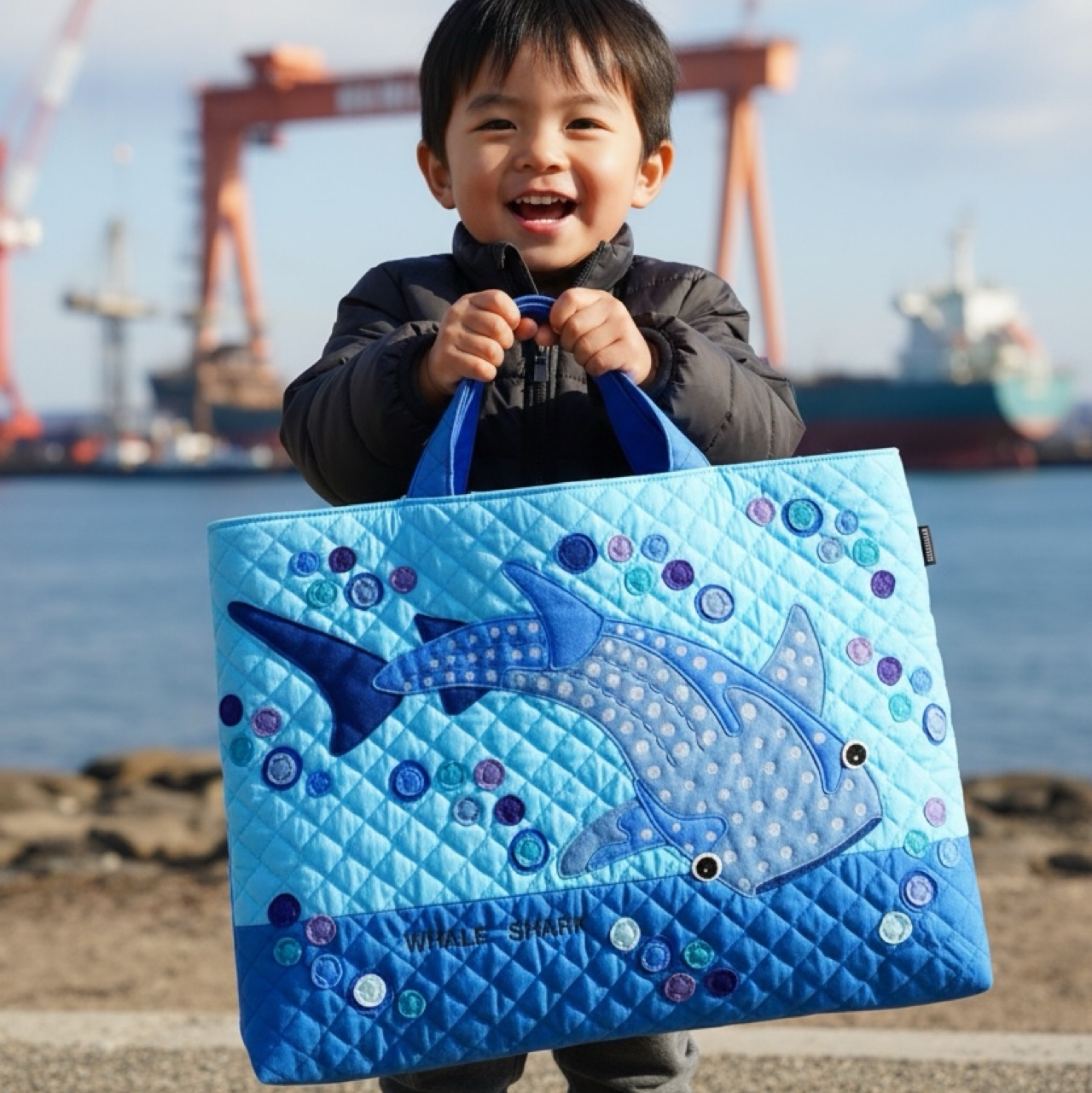 受注製作】レッスンバッグ/ジンベエザメ(サックス×青)キルティング
